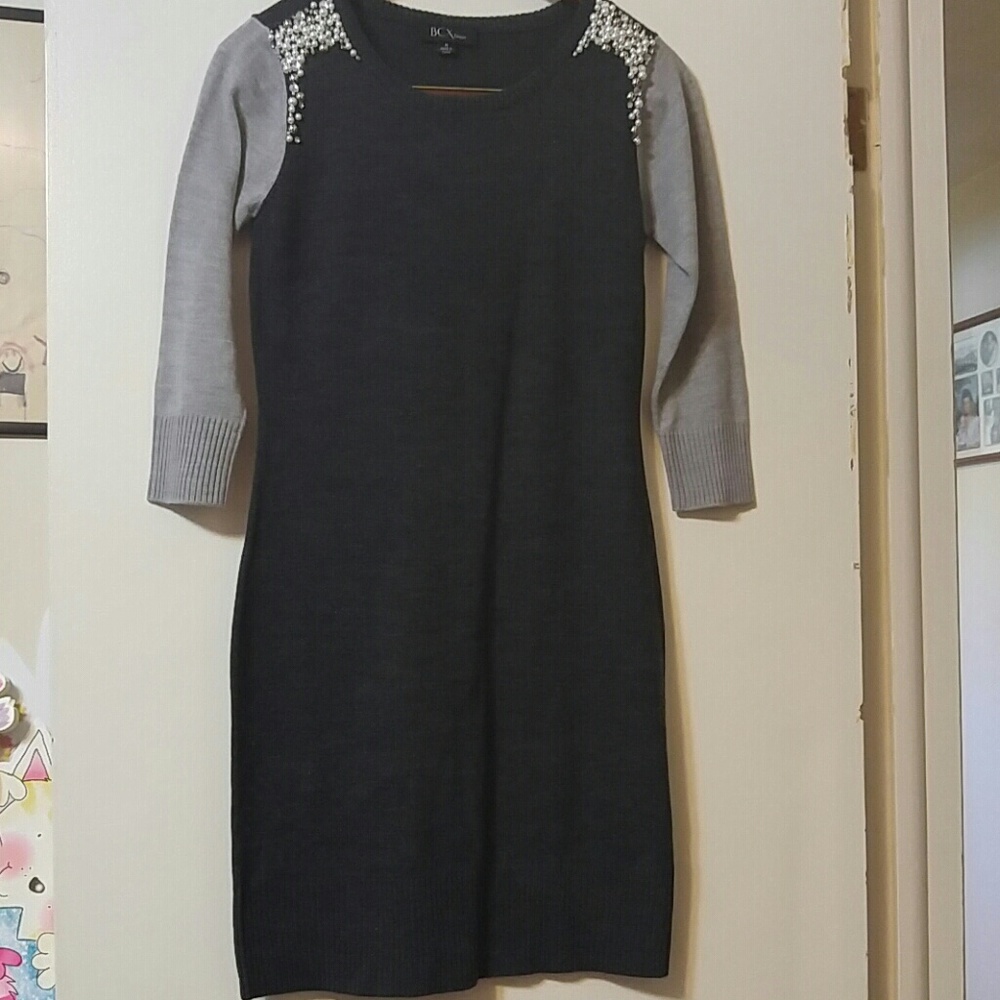 Sweater dress with pearl adorned shoulders